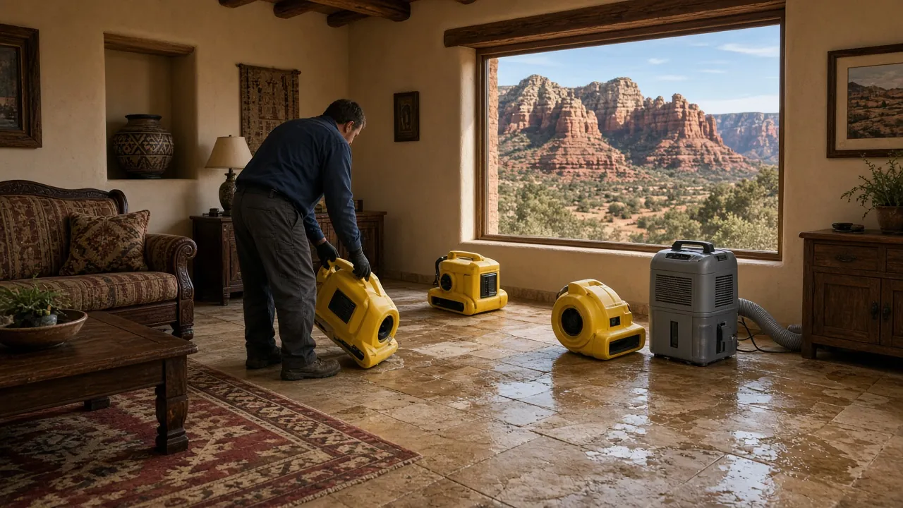 Restoration technician setting up air movers and a dehumidifier in a flooded Southwest-style living room with red rocks visible through the window