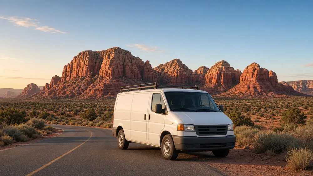 White unbranded service van parked on a desert road in front of Sedona red rock formations