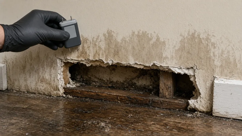 Section of wet, water-stained drywall cut away near the floor while a gloved hand holds a moisture meter